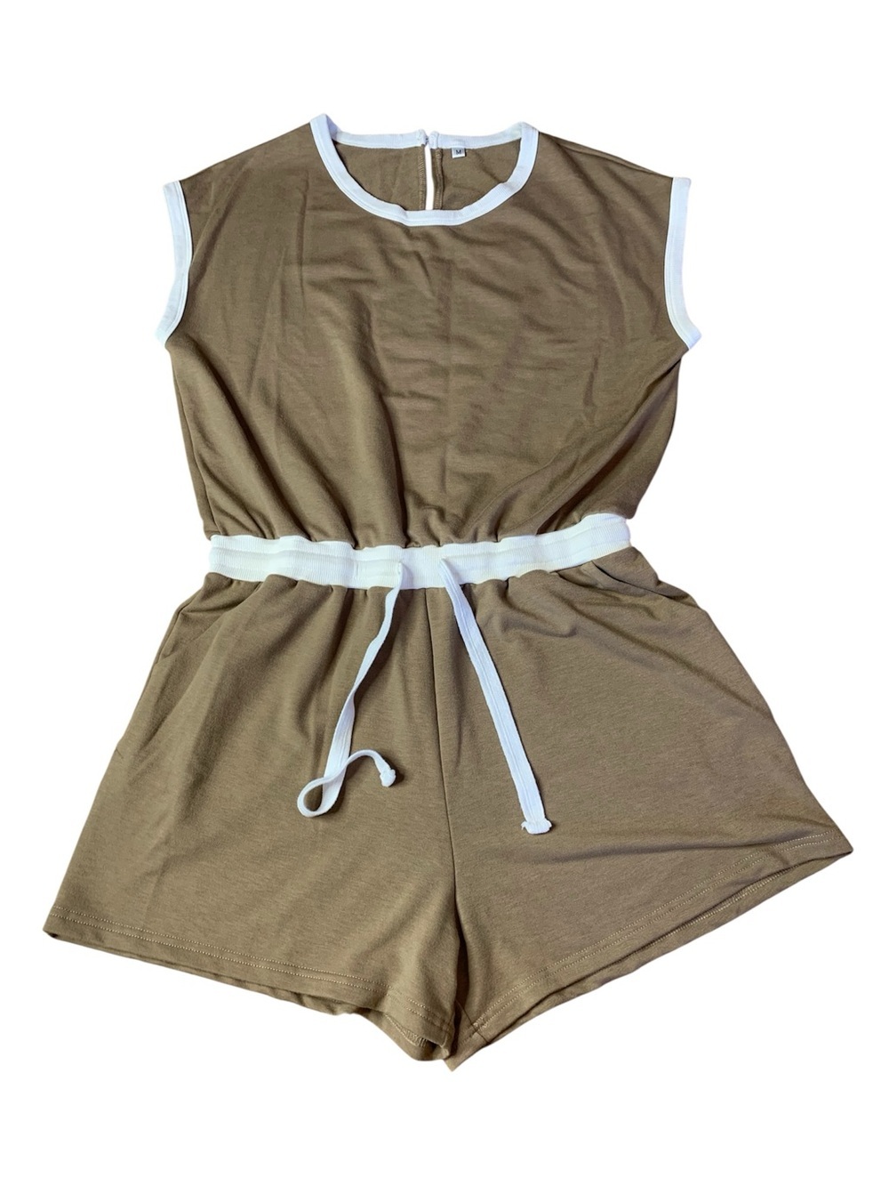 Athletic Tan Romper Shorts Jumpsuit White Trim Medium